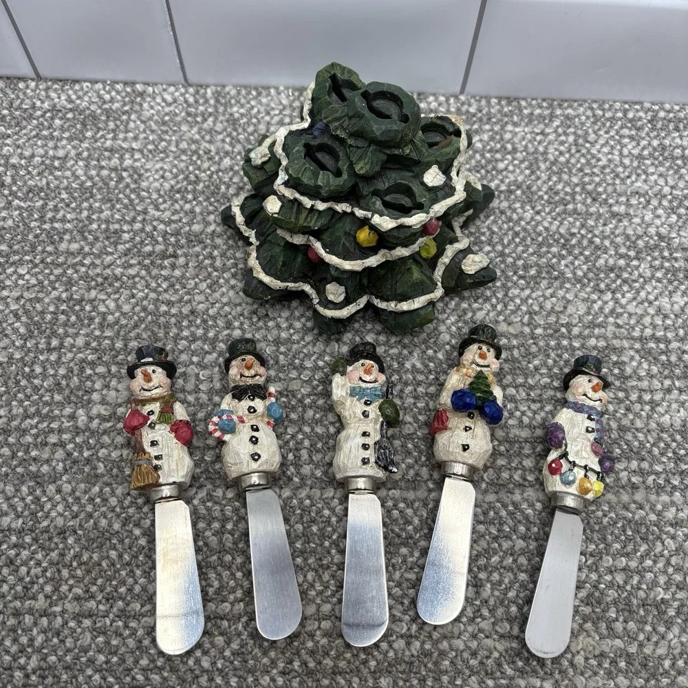 Snowman Cheese Butter Jam Spreaders In Festive Christmas Tree‎ Holder Resin